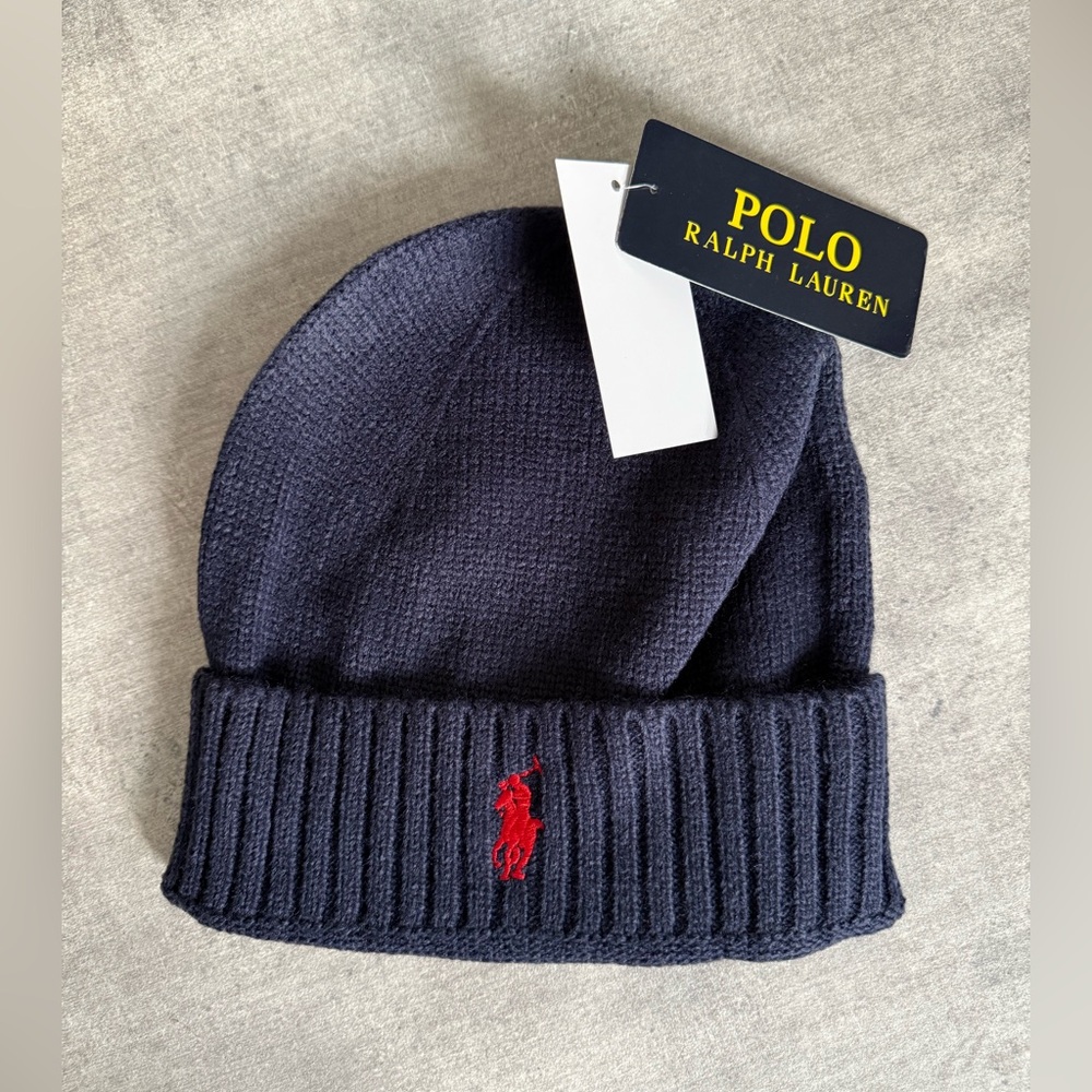 Polo by Ralph Lauren Navy Knit Beanie with Red Logo